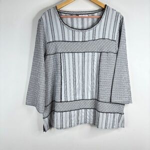 Habitat Boxy Tunic M 3/4 Sleeve Boho Lagenlook Mixed Print Black White Artsy